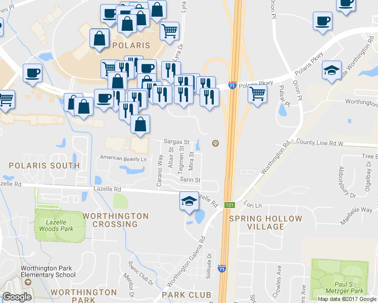 map of restaurants, bars, coffee shops, grocery stores, and more near 1530 Sargas Street in Columbus