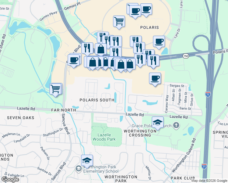map of restaurants, bars, coffee shops, grocery stores, and more near 1223 Phoenician Way in Columbus
