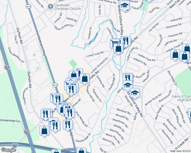 map of restaurants, bars, coffee shops, grocery stores, and more near in Levittown