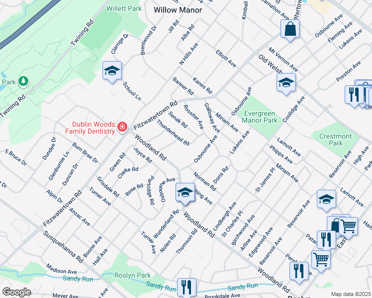 map of restaurants, bars, coffee shops, grocery stores, and more near 1461 Bluejay Road in Abington
