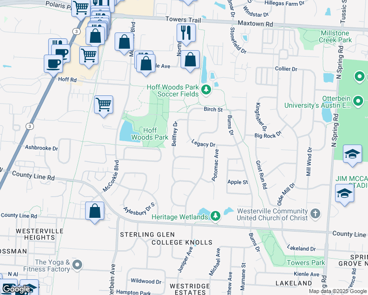 map of restaurants, bars, coffee shops, grocery stores, and more near 454 Legacy Court in Westerville
