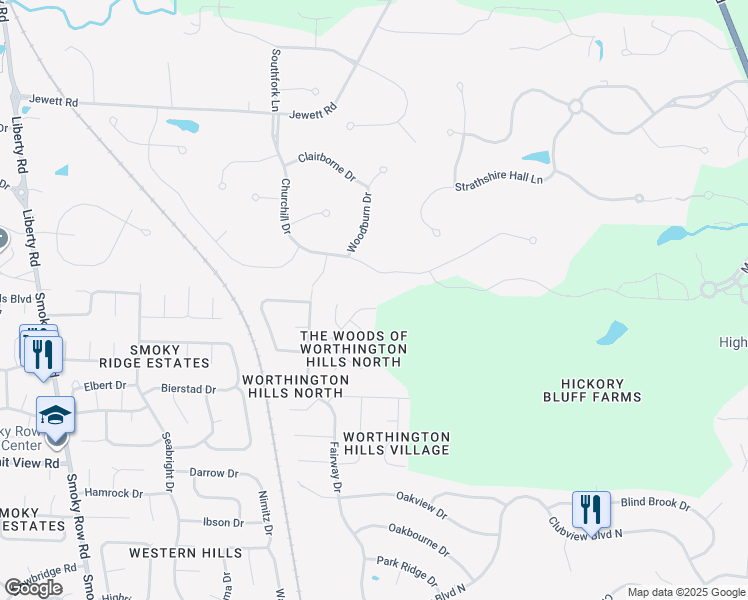 map of restaurants, bars, coffee shops, grocery stores, and more near 10568 Churchill Drive in Powell