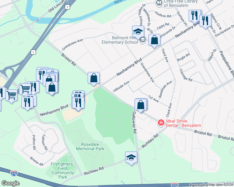 map of restaurants, bars, coffee shops, grocery stores, and more near 4512 Hillside Avenue in Bensalem