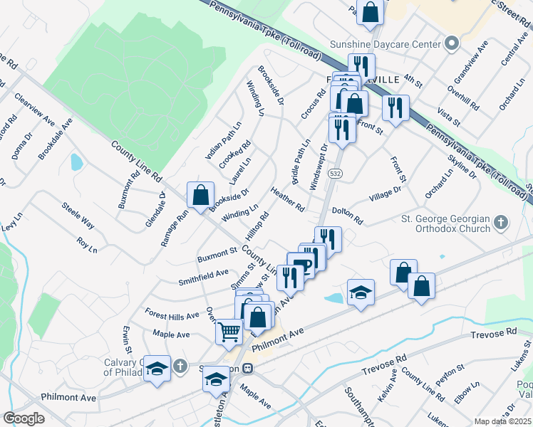 map of restaurants, bars, coffee shops, grocery stores, and more near 19 Hilltop Road in Feasterville-Trevose