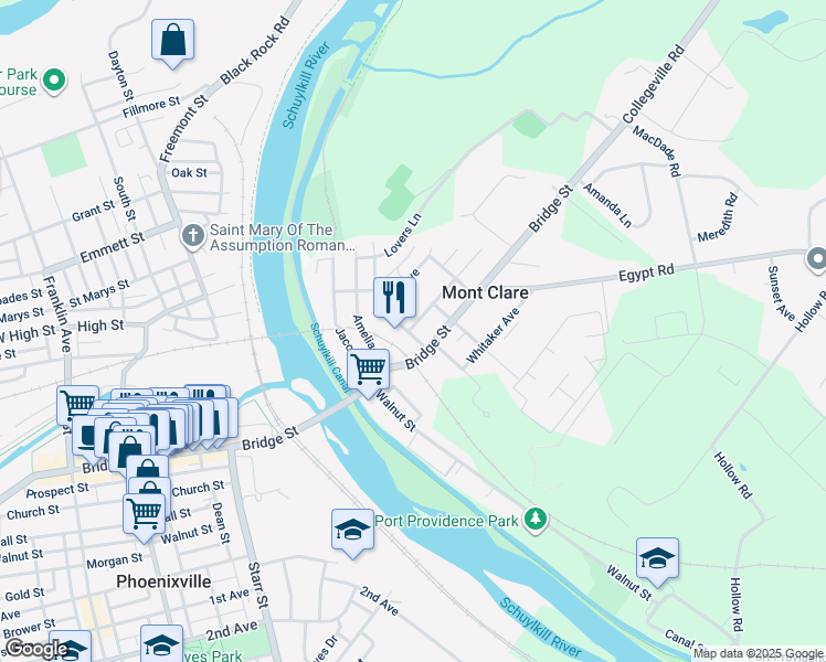 map of restaurants, bars, coffee shops, grocery stores, and more near 101 2nd Avenue in Mont Clare
