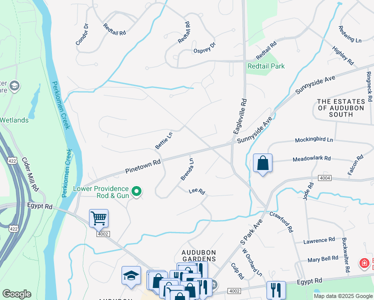 map of restaurants, bars, coffee shops, grocery stores, and more near 19 Pinetown Road in Eagleville