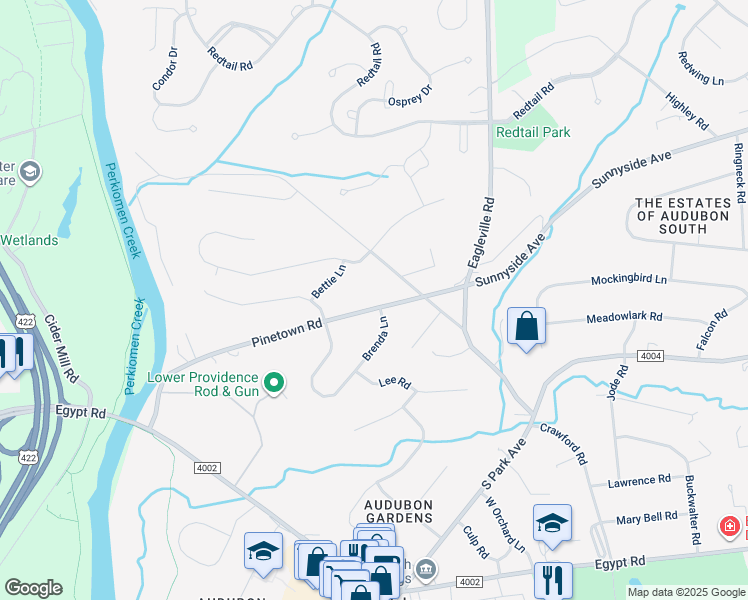 map of restaurants, bars, coffee shops, grocery stores, and more near 19 Pinetown Road in Eagleville