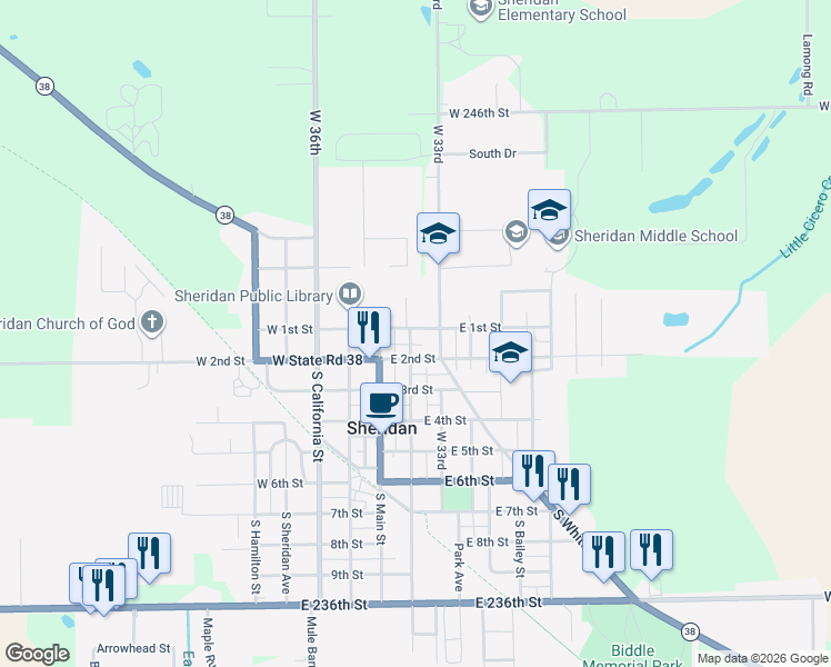 map of restaurants, bars, coffee shops, grocery stores, and more near 24130 Adams Street in Sheridan