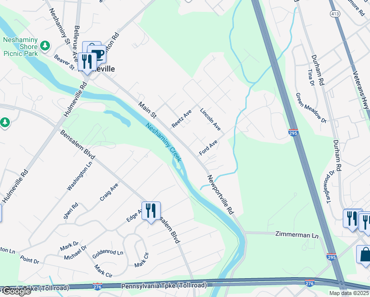 map of restaurants, bars, coffee shops, grocery stores, and more near 522 Main Street in Hulmeville