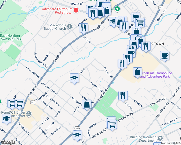 map of restaurants, bars, coffee shops, grocery stores, and more near 111 Lafayette Road in Norristown