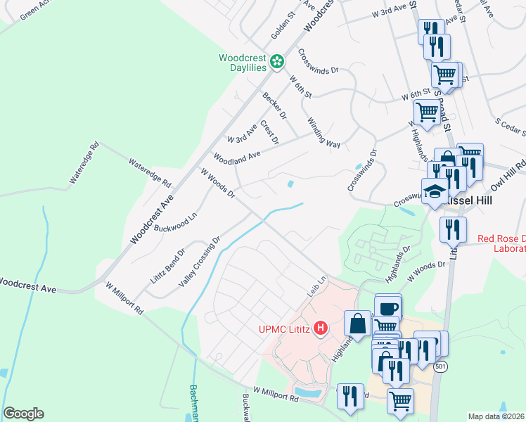 map of restaurants, bars, coffee shops, grocery stores, and more near 349 West Woods Drive in Lititz