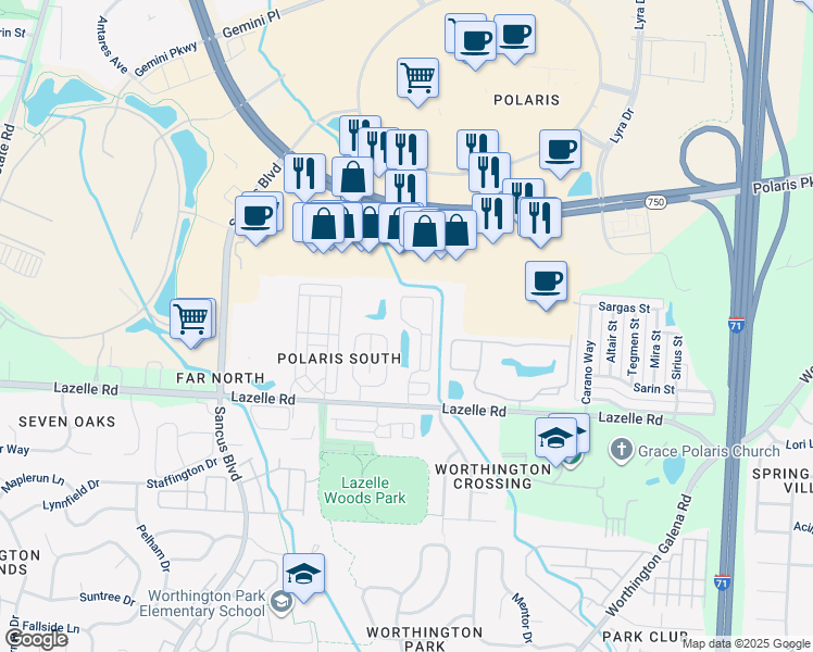 map of restaurants, bars, coffee shops, grocery stores, and more near 8357 Falling Water Lane in Columbus