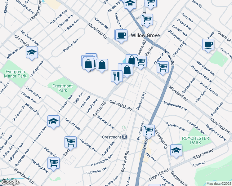 map of restaurants, bars, coffee shops, grocery stores, and more near 1843 Easton Road in Willow Grove