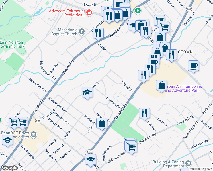 map of restaurants, bars, coffee shops, grocery stores, and more near 111 Lafayette Road in Norristown