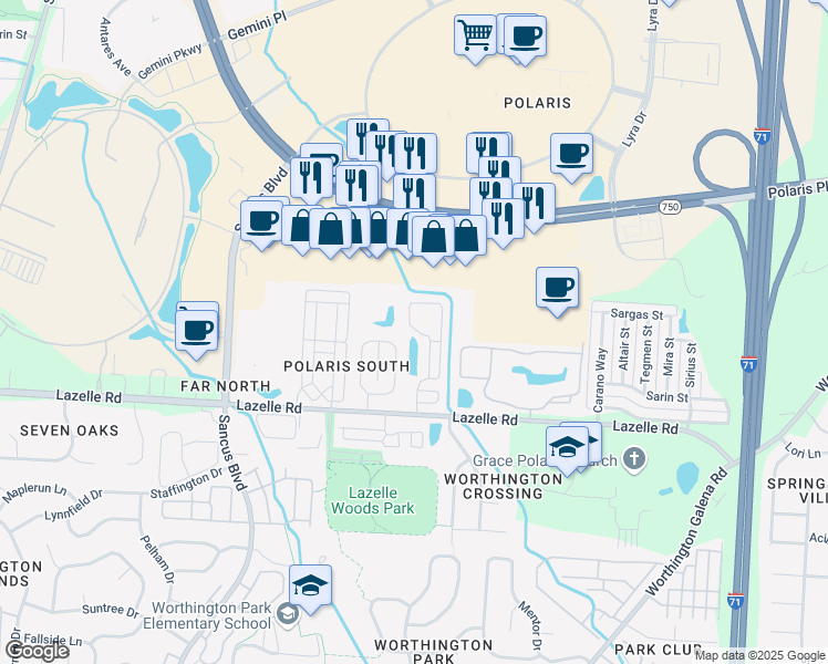 map of restaurants, bars, coffee shops, grocery stores, and more near 1223 Phoenician Way in Columbus