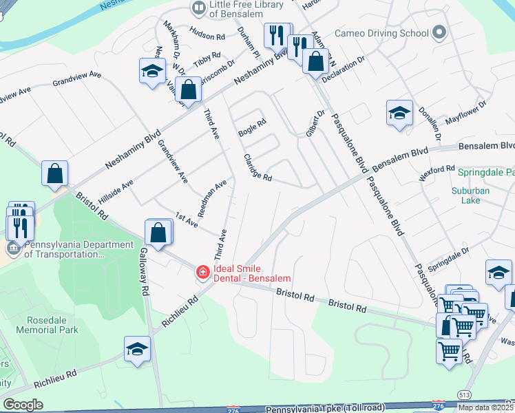 map of restaurants, bars, coffee shops, grocery stores, and more near 4837 Oxford Court in Bucks County