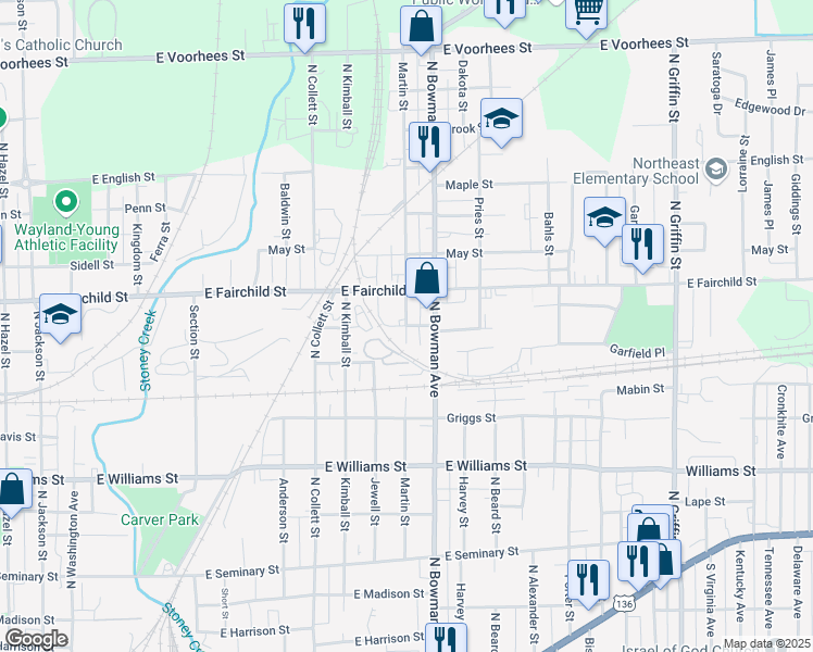 map of restaurants, bars, coffee shops, grocery stores, and more near 806 Martin Street in Danville