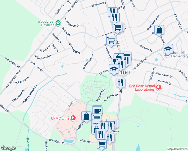 map of restaurants, bars, coffee shops, grocery stores, and more near 334 Crosswinds Drive in Lititz