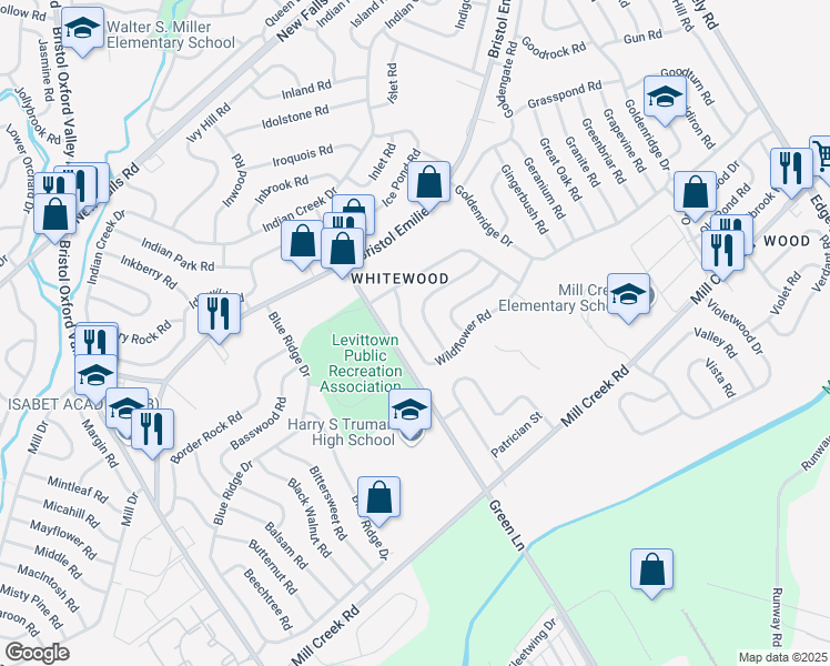 map of restaurants, bars, coffee shops, grocery stores, and more near 27 Wildflower Road in Levittown