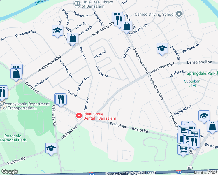 map of restaurants, bars, coffee shops, grocery stores, and more near 4952 Oxford Court in Bensalem