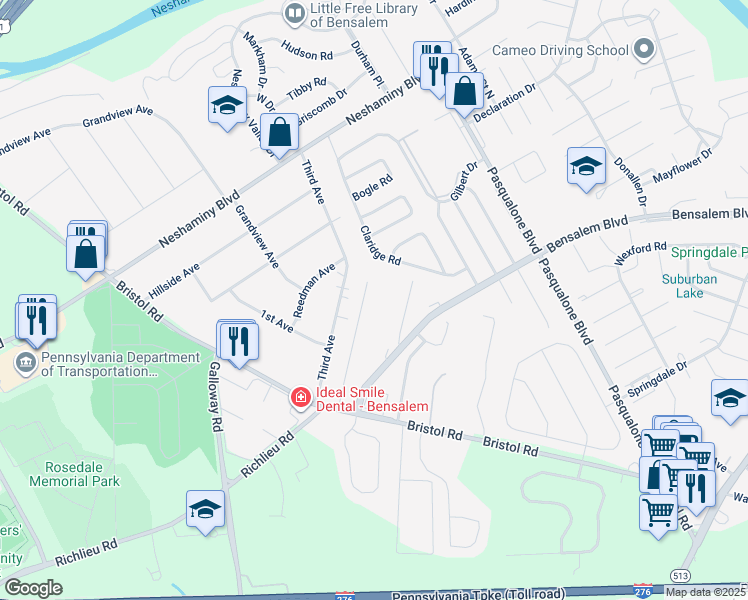 map of restaurants, bars, coffee shops, grocery stores, and more near 4833 Oxford Court in Bensalem