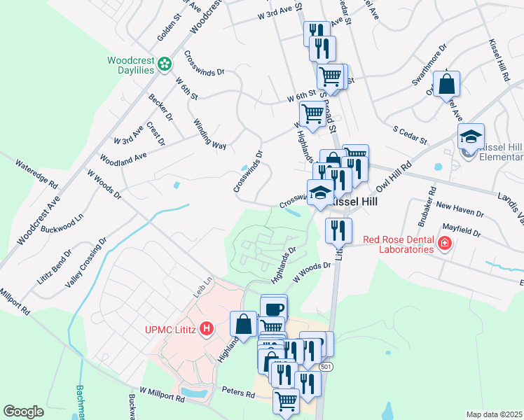 map of restaurants, bars, coffee shops, grocery stores, and more near 338 Crosswinds Drive in Lititz
