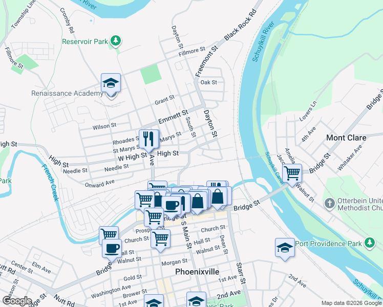 map of restaurants, bars, coffee shops, grocery stores, and more near 250 Penn Street in Phoenixville