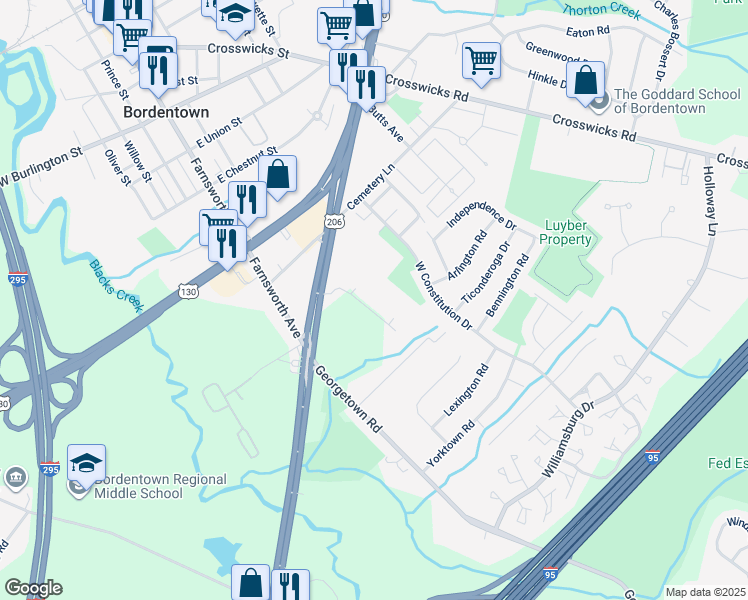 map of restaurants, bars, coffee shops, grocery stores, and more near 1021 U.S. 206 in Fieldsboro