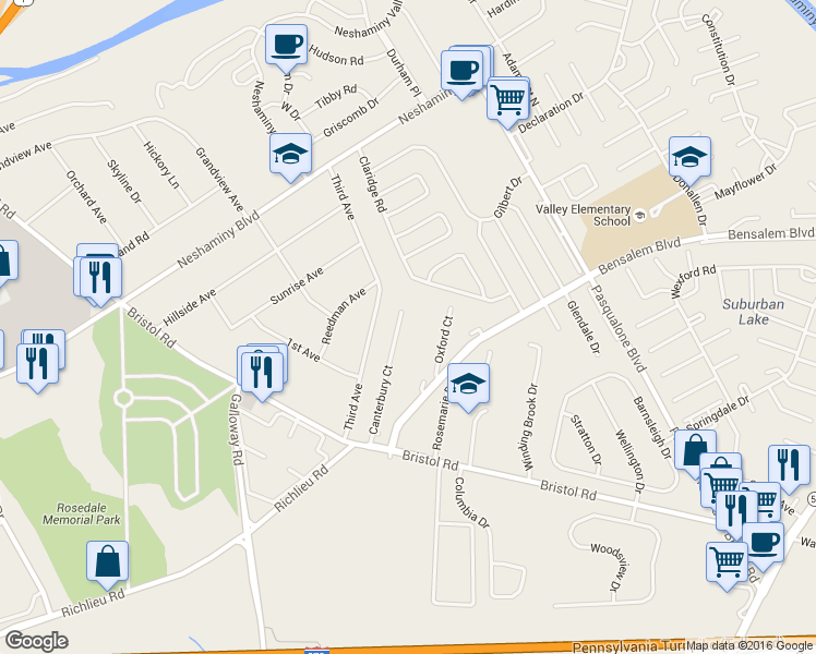 map of restaurants, bars, coffee shops, grocery stores, and more near 4834 Oxford Court in Bensalem