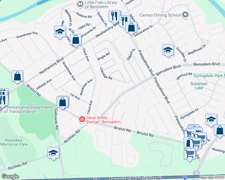 map of restaurants, bars, coffee shops, grocery stores, and more near 4941 Oxford Court in Bensalem