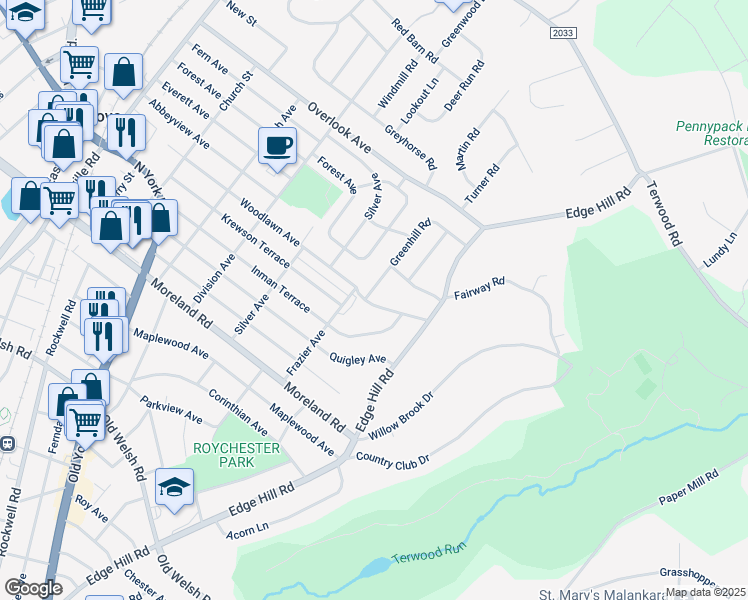 map of restaurants, bars, coffee shops, grocery stores, and more near 301 Greenhill Road in Willow Grove