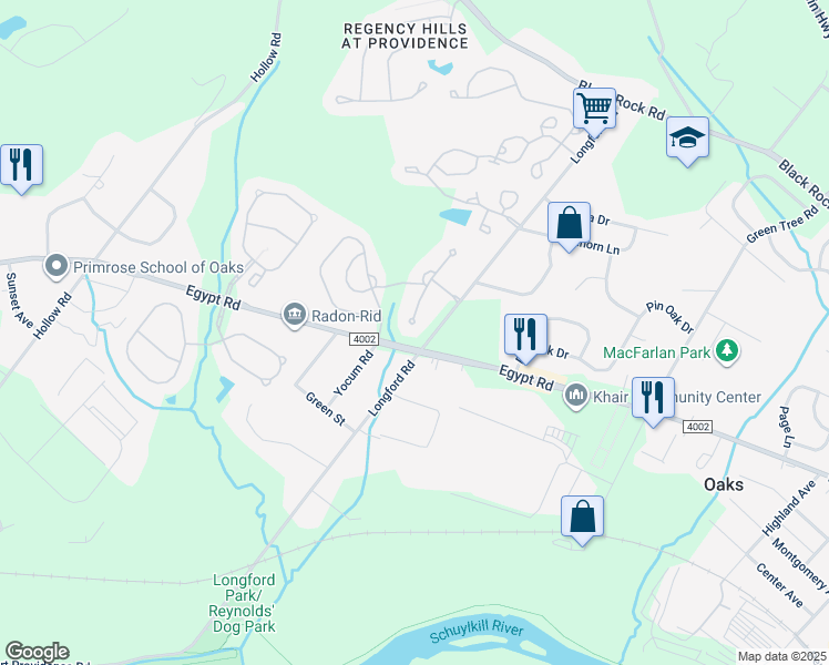 map of restaurants, bars, coffee shops, grocery stores, and more near 90 Calder Way South in Phoenixville