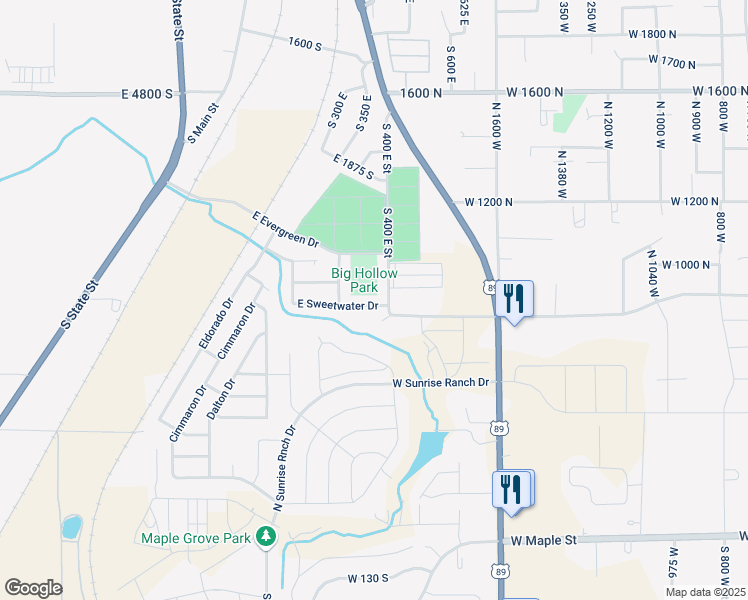 map of restaurants, bars, coffee shops, grocery stores, and more near 2166 South 400 East in Springville