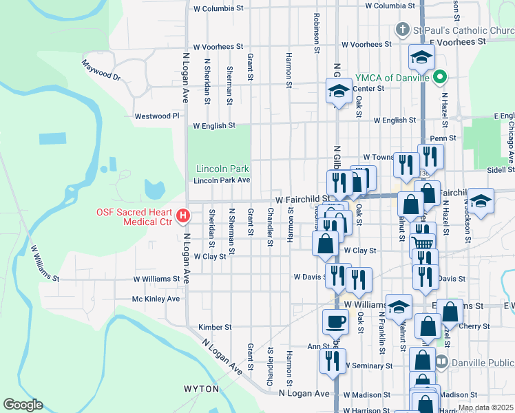 map of restaurants, bars, coffee shops, grocery stores, and more near 701-799 W Fairchild St in Danville