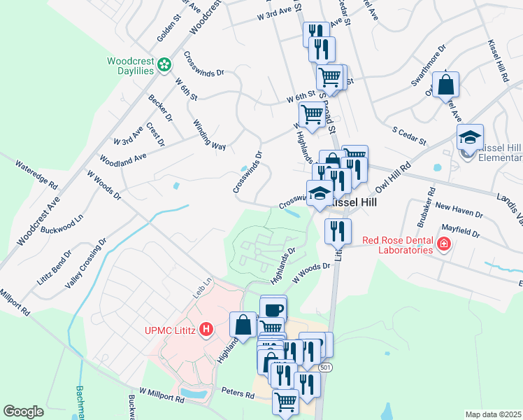 map of restaurants, bars, coffee shops, grocery stores, and more near 338 Crosswinds Drive in Lititz