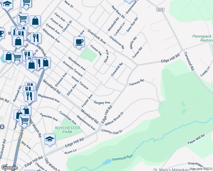 map of restaurants, bars, coffee shops, grocery stores, and more near 301 Greenhill Road in Willow Grove