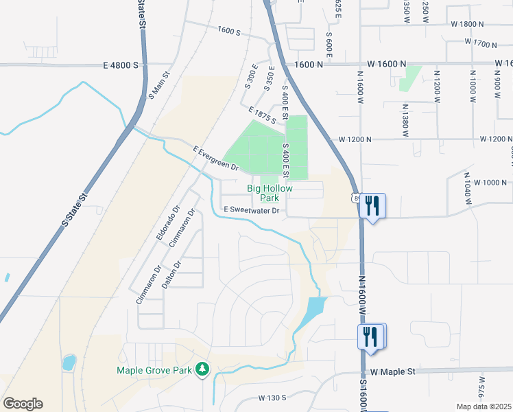 map of restaurants, bars, coffee shops, grocery stores, and more near 2197 South 300 East in Springville