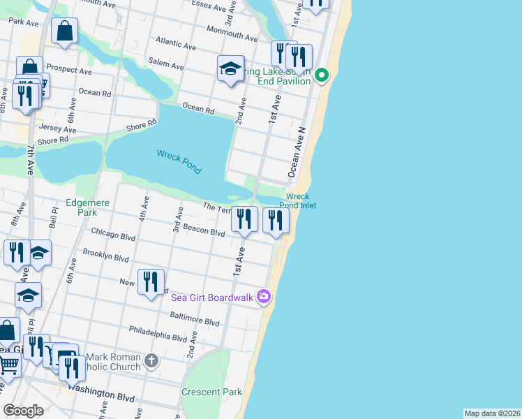 map of restaurants, bars, coffee shops, grocery stores, and more near 9 The Terrace in Sea Girt