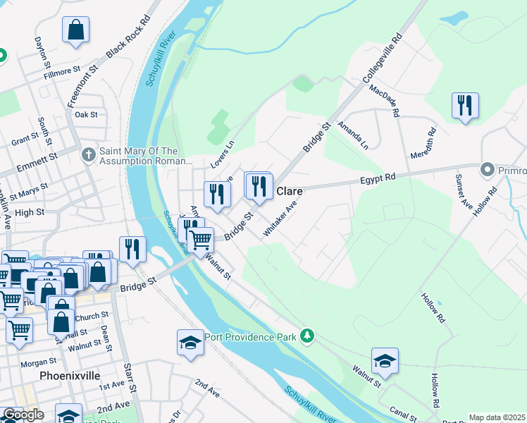 map of restaurants, bars, coffee shops, grocery stores, and more near in Mont Clare