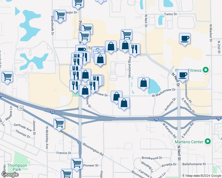 map of restaurants, bars, coffee shops, grocery stores, and more near 610 West Marketview Drive in Champaign