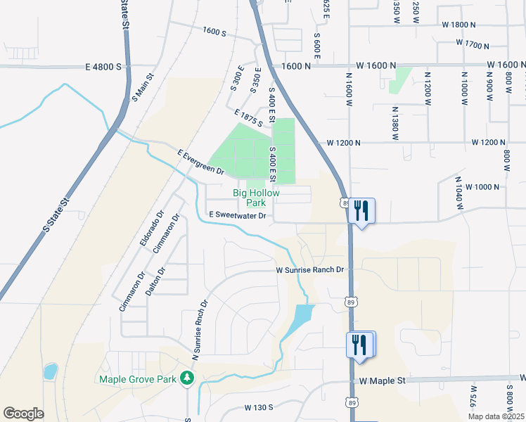 map of restaurants, bars, coffee shops, grocery stores, and more near 2166 South 400 East in Springville
