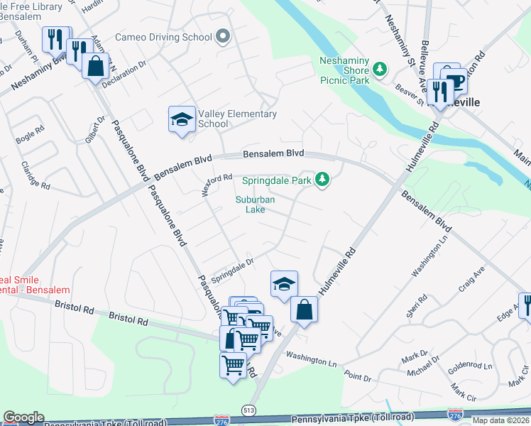 map of restaurants, bars, coffee shops, grocery stores, and more near 2525 Valley View Road in Bensalem