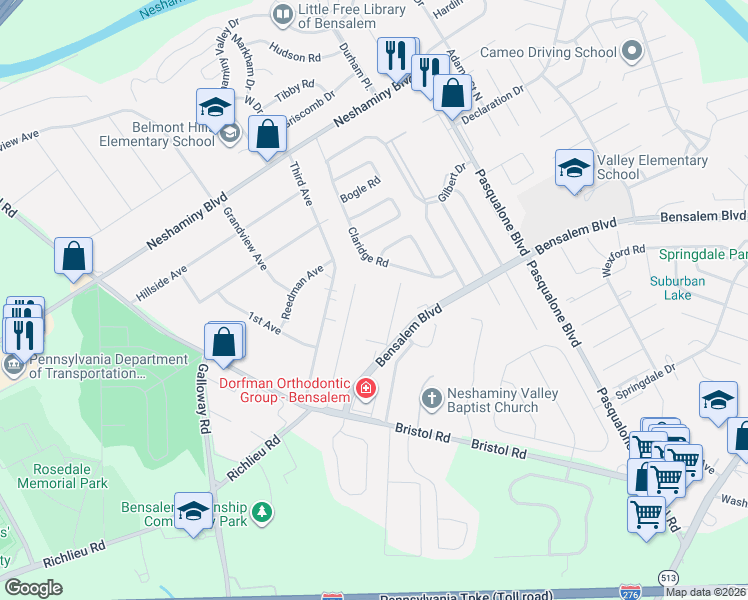 map of restaurants, bars, coffee shops, grocery stores, and more near 4953 Oxford Court in Bensalem
