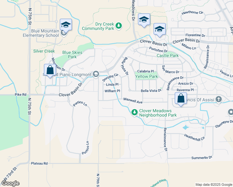 map of restaurants, bars, coffee shops, grocery stores, and more near 5012 William Place in Longmont