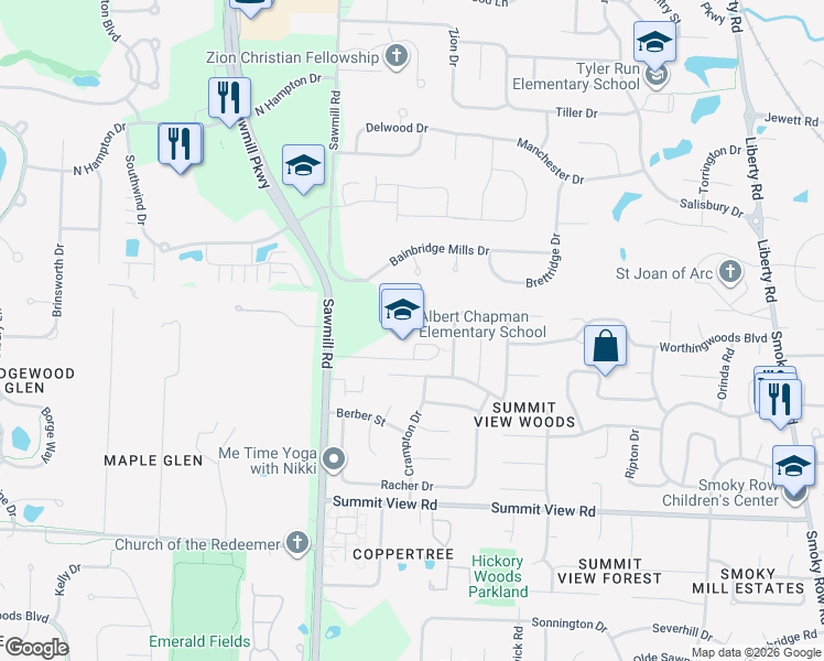 map of restaurants, bars, coffee shops, grocery stores, and more near 8450 Sawmill Road in Powell