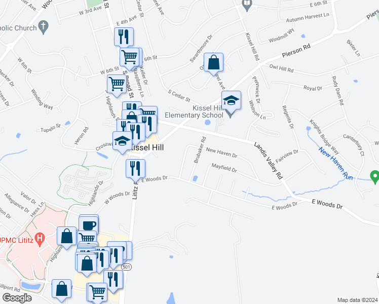 map of restaurants, bars, coffee shops, grocery stores, and more near 112 New Haven Drive in Lititz