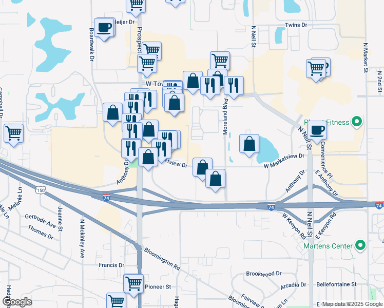 map of restaurants, bars, coffee shops, grocery stores, and more near 610 West Marketview Drive in Champaign