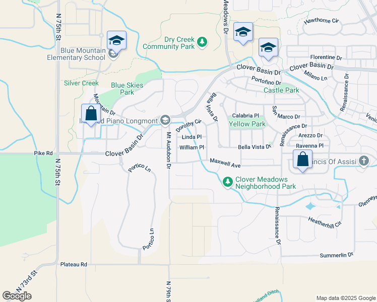 map of restaurants, bars, coffee shops, grocery stores, and more near 5101 William Place in Longmont