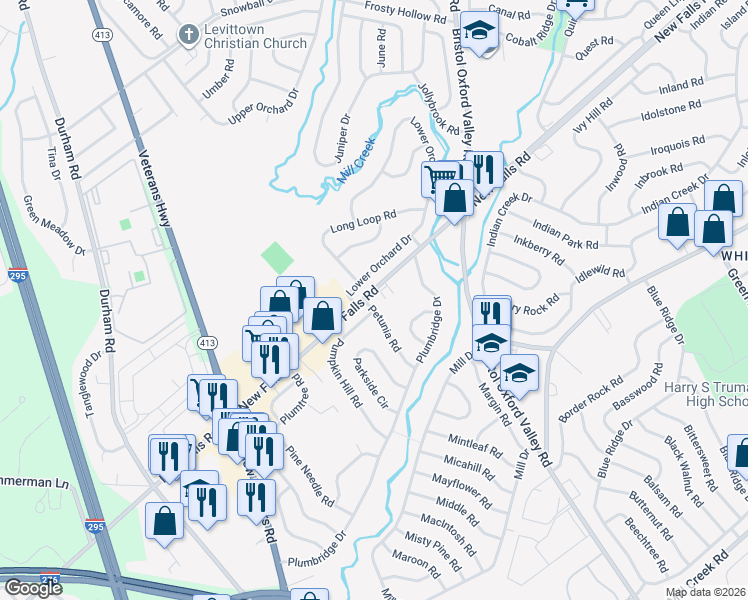 map of restaurants, bars, coffee shops, grocery stores, and more near in Levittown