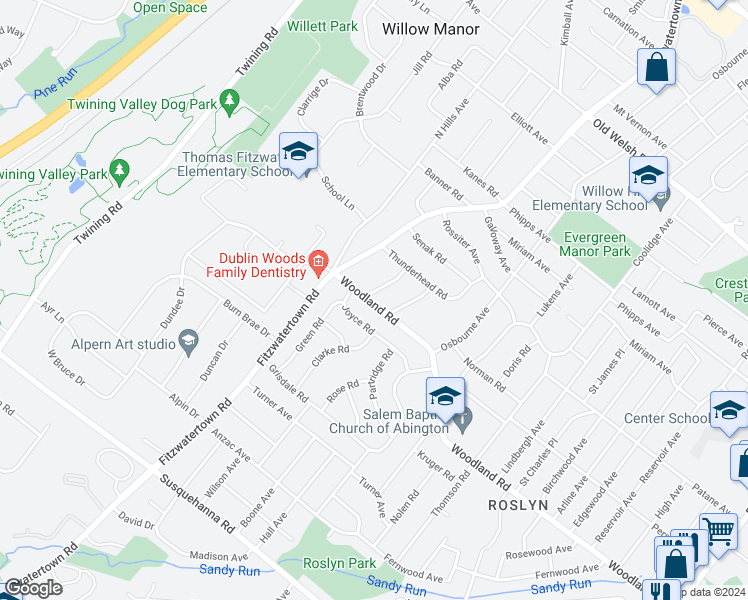 map of restaurants, bars, coffee shops, grocery stores, and more near 1407 White Owl Road in Abington